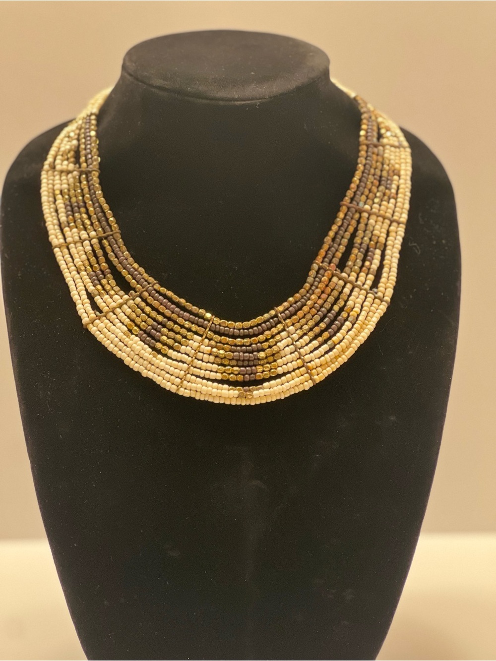 Neutral Multi-Strand Seed Bead Collar Necklace - Cream & Brown